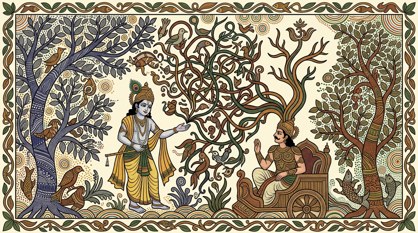 Gond-style painting of a boy standing before a sweet shop with four rupees, unable to choose, illustrating Krishna's teaching that the resolute mind is one-pointed while the irresolute mind branches endlessly.
