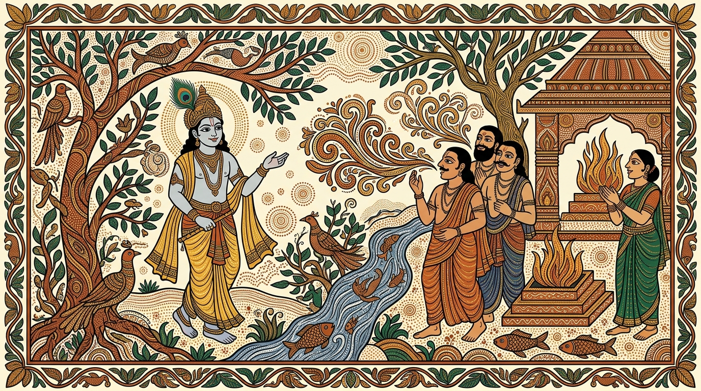Gond-style painting of a travelling priest with a cart of scrolls selling elaborate rituals to eager kings, illustrating Krishna's warning against those who mistake flowery Vedic words for the whole truth.