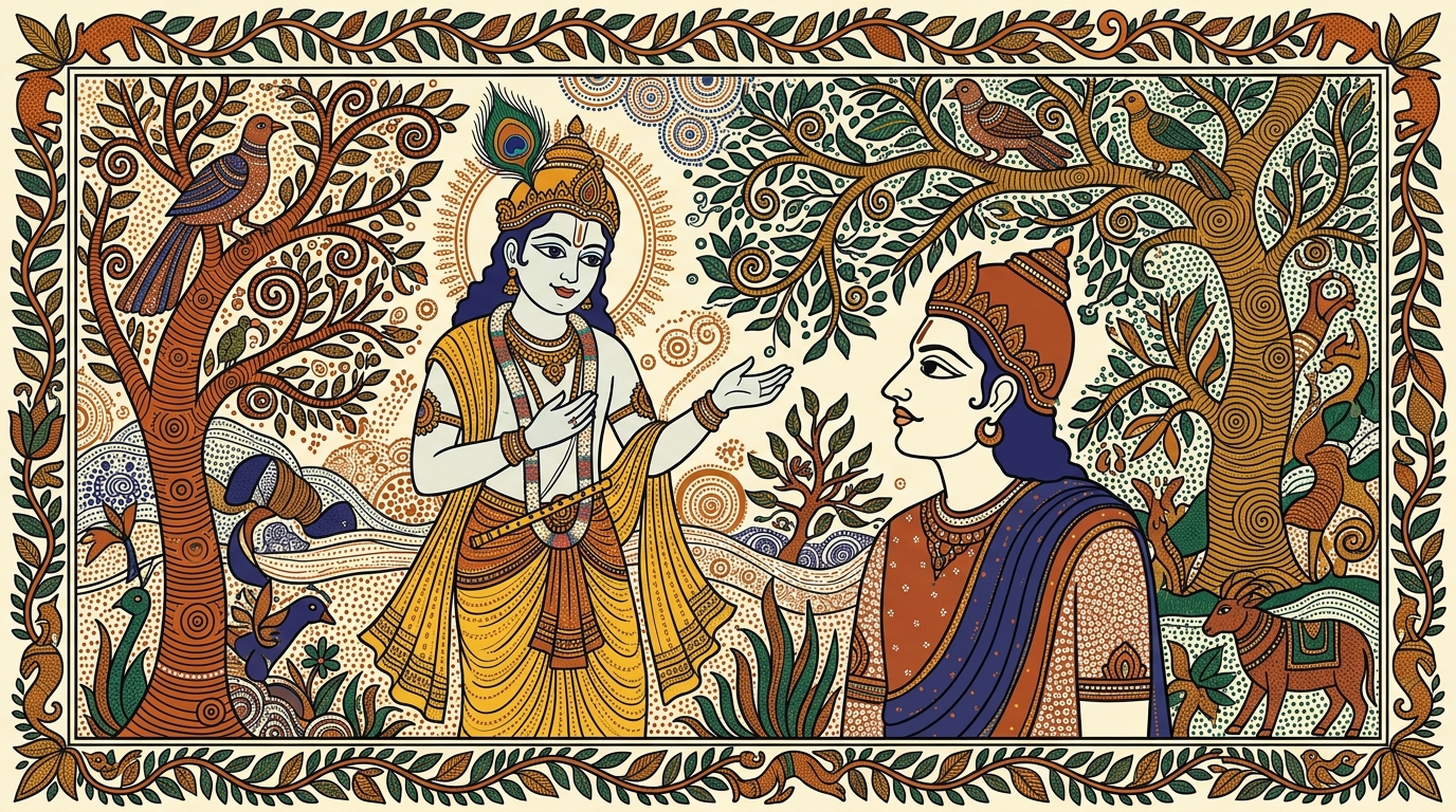 Gond-style painting of two contrasting paintings on a worktable — one frantic and attached to results, the other calm and free — illustrating that action with equanimity surpasses action for rewards.