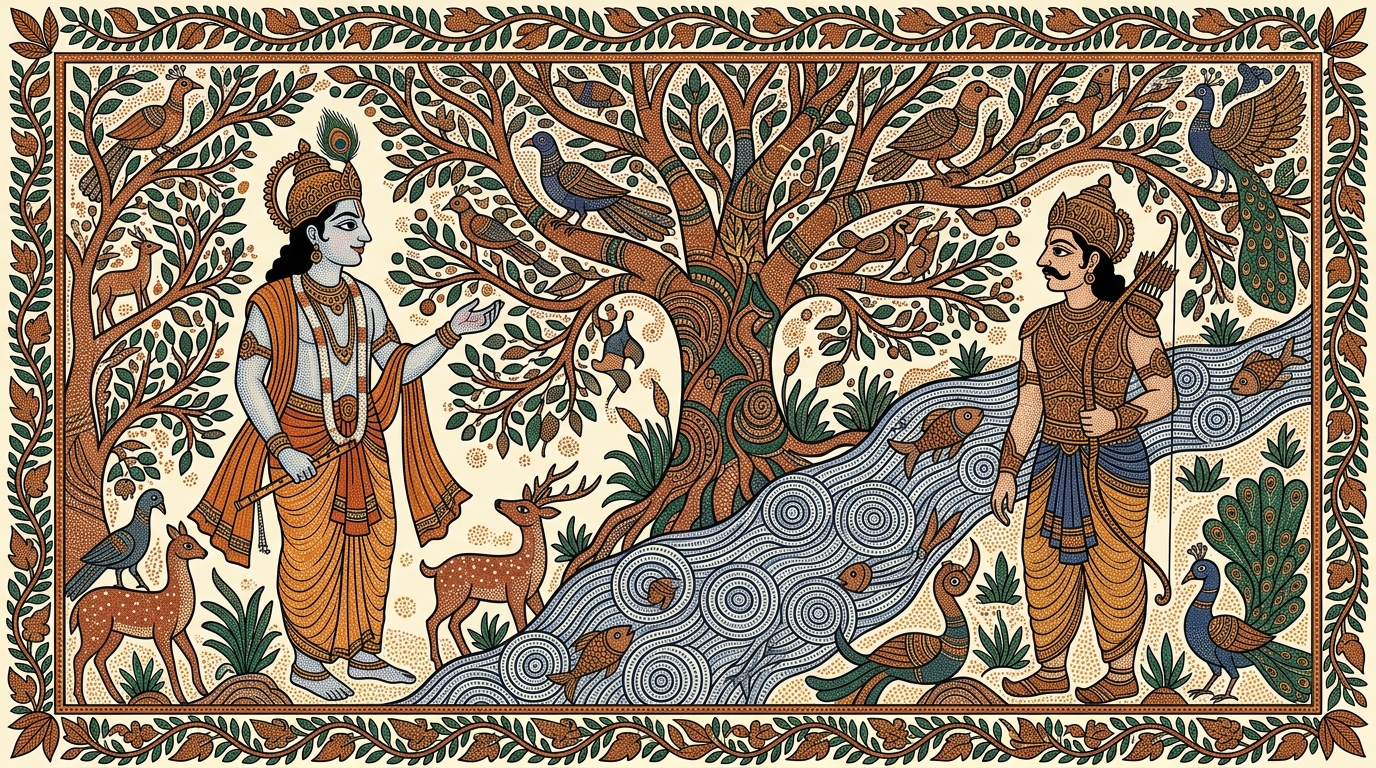 Gond-style painting of a musician playing beautifully in an empty marketplace on a Saturday morning, illustrating Krishna's teaching that yoga is skill in action, performed without craving applause.