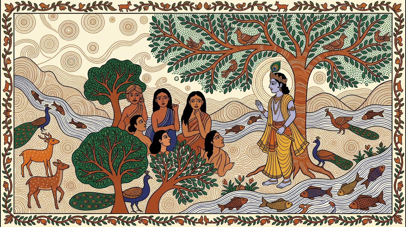 Gond-style painting of a boy lying on a cotton mattress watching a ceiling fan turn slowly, illustrating the moment when a confused mind finally becomes firm and still in meditation.