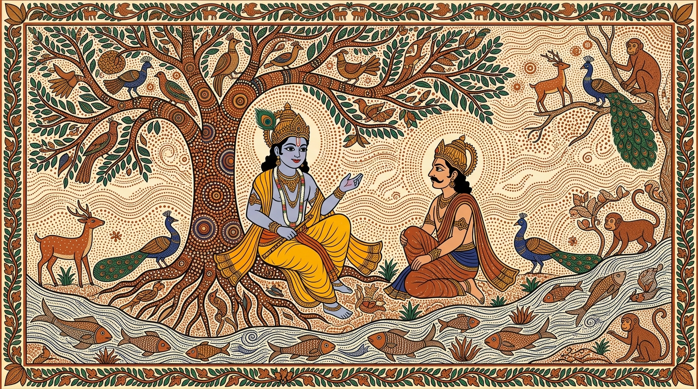 Gond-style painting of a warm December evening scene, illustrating Krishna's description of a person of steady wisdom — content in the Self alone, having given up all desires of the mind.