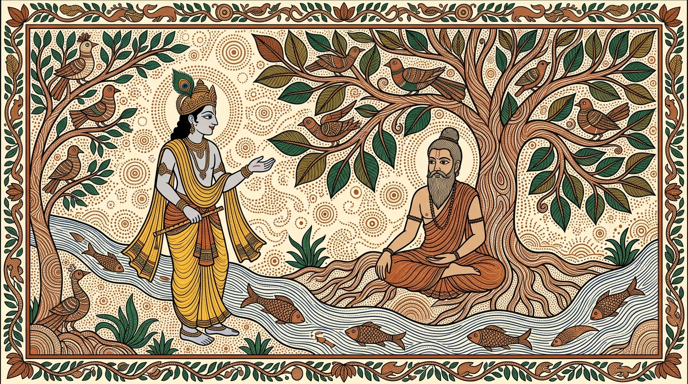 Gond-style painting of a sage sitting undisturbed and serene, free from attachment, fear, and anger — illustrating the portrait of one whose wisdom is truly steady.