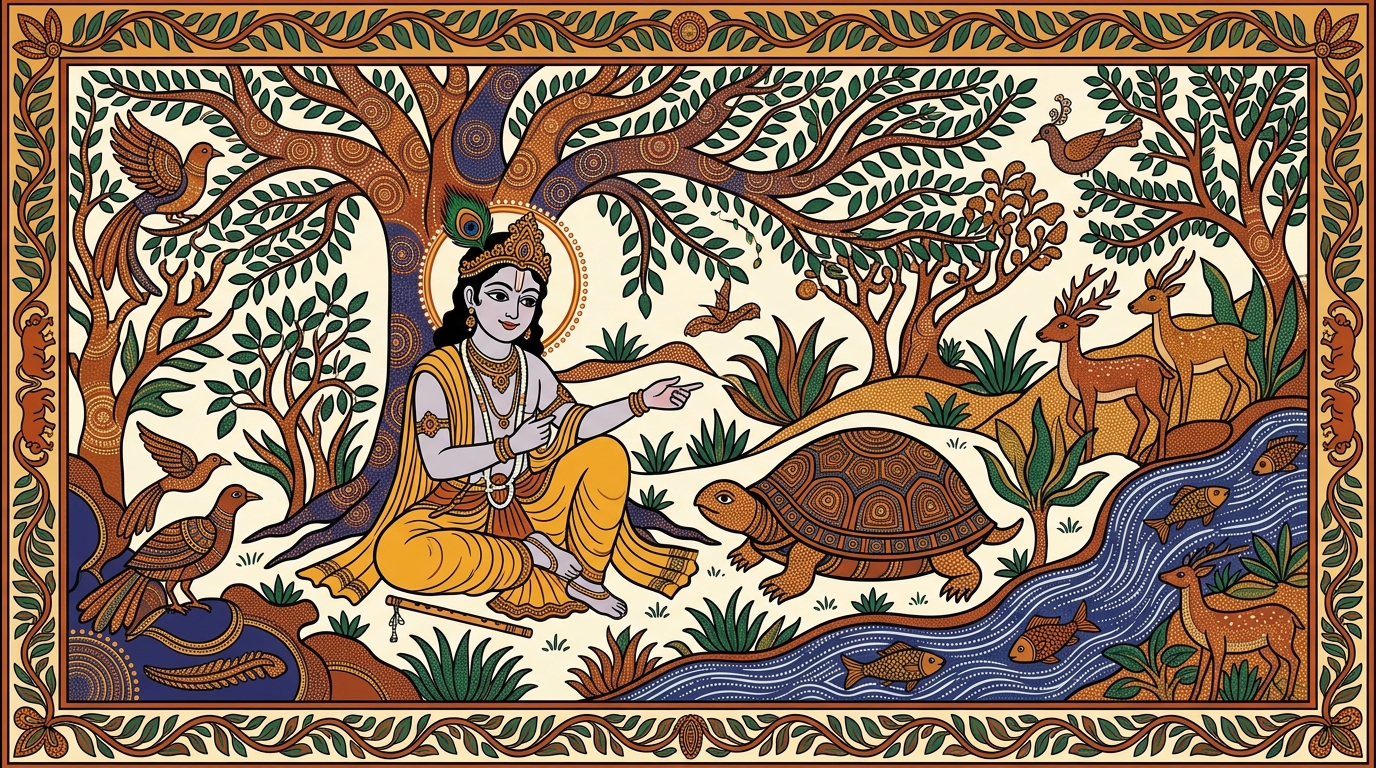 Gond-style painting of a boy at a colourful annual mela pulling back from temptation, illustrating how the wise withdraw their senses like a tortoise drawing its limbs into its shell.