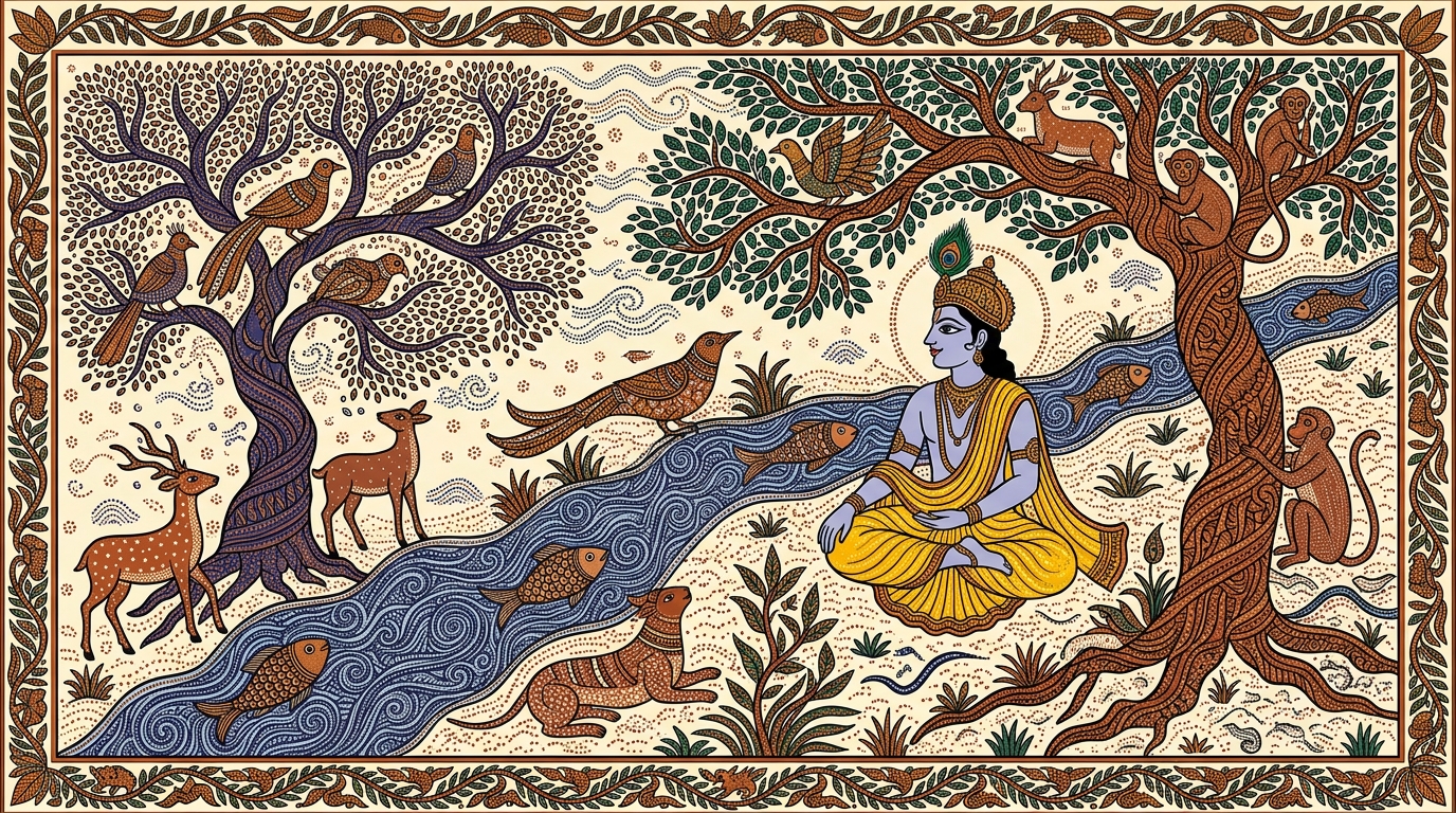 Gond-style painting of an ancient warrior sitting perfectly still with all senses restrained, focused on the supreme goal — illustrating the discipline of steady wisdom.