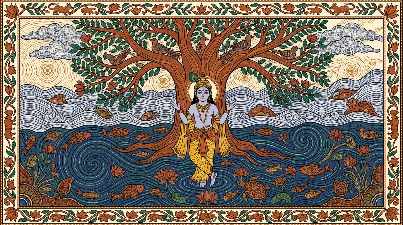 Gond-style painting of a perfectly calm lake at the foot of the Vindhya mountains after the wind has stopped, illustrating the peace that comes when all sorrows are destroyed.