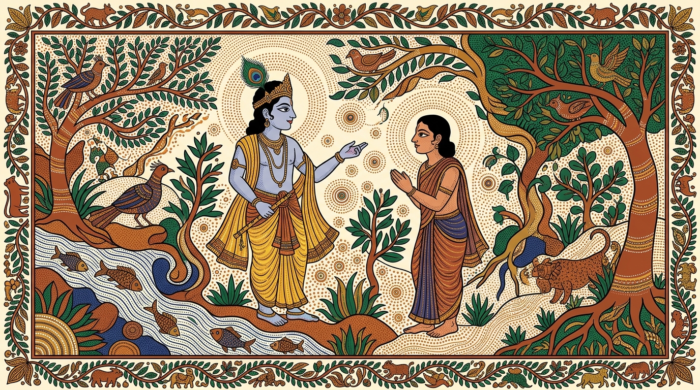 Gond-style painting of the old captain Samudra steering his vessel with a steady hand despite the wind, illustrating that one whose senses are fully restrained has steady wisdom.
