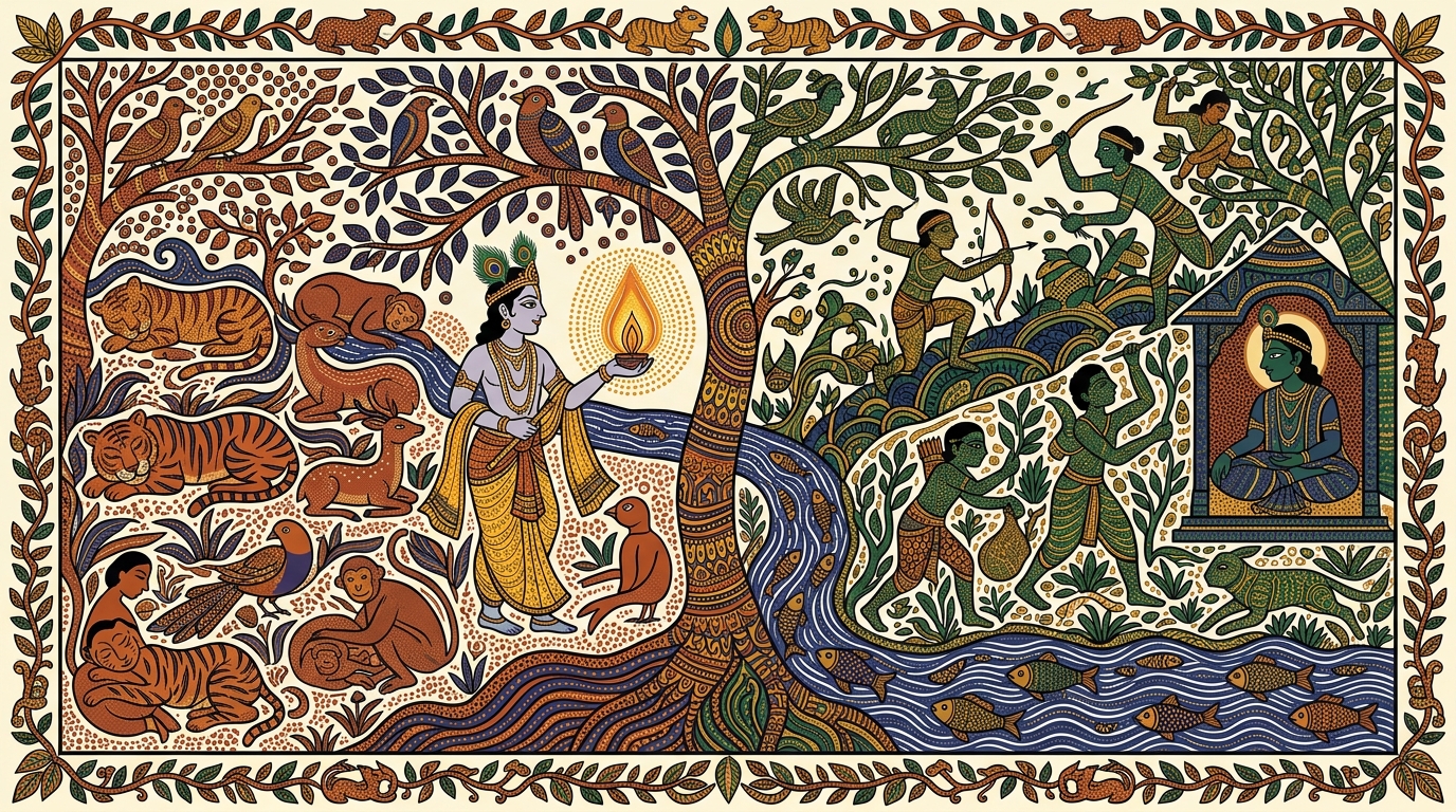 Gond-style painting of a grandmother painting by lamplight while the world sleeps, illustrating that what is night to ordinary beings is wakefulness for the disciplined sage.