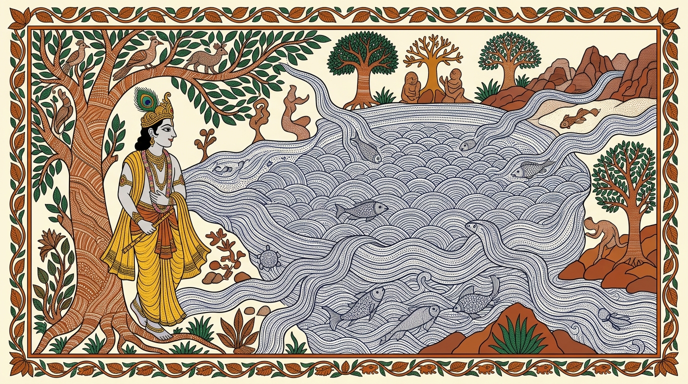 Gond-style painting of a vast ocean remaining perfectly calm even as rivers pour into it from every side, illustrating the sage whom desires enter without causing any disturbance.