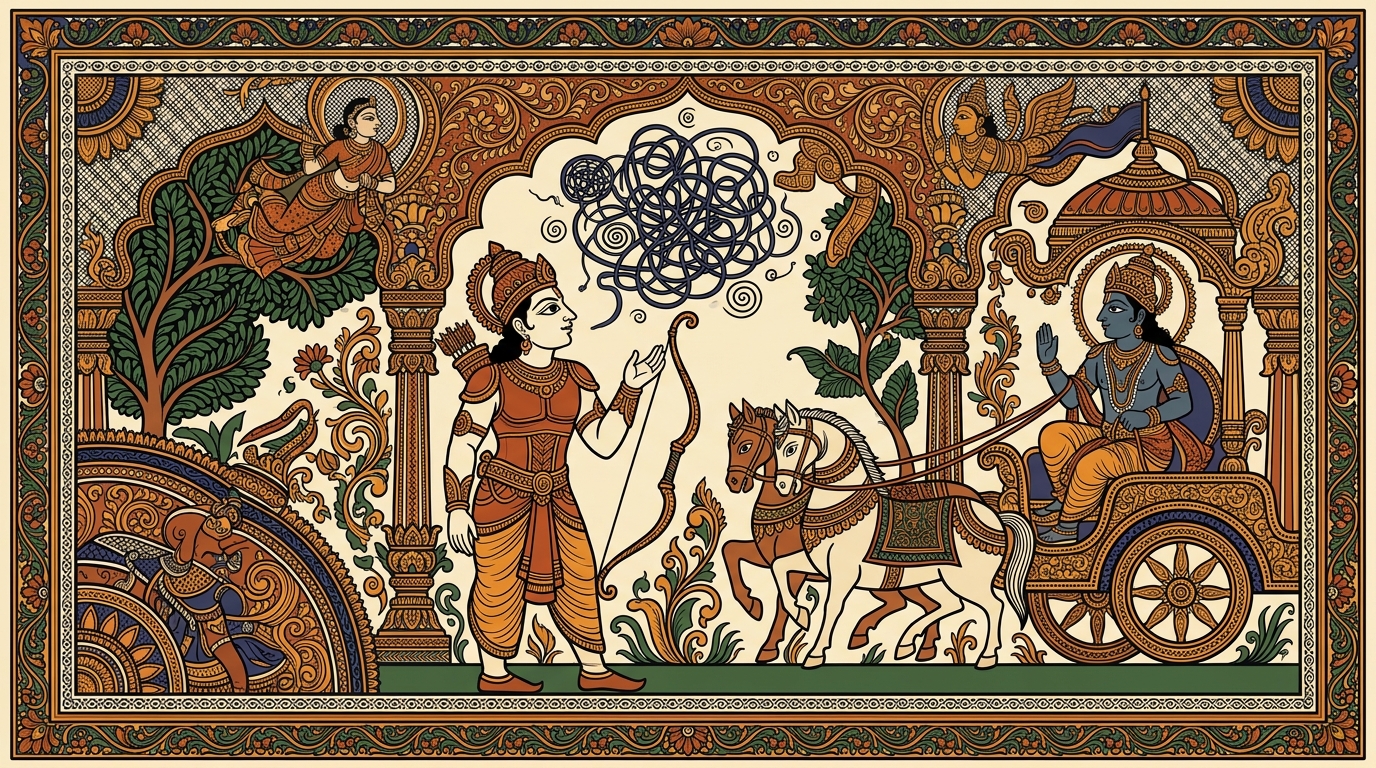 Pattachitra-style painting of young Arjuna recalling how his mother Kunti once taught him to string a bow, now pleading with Krishna to tell him one clear path instead of two conflicting ones.