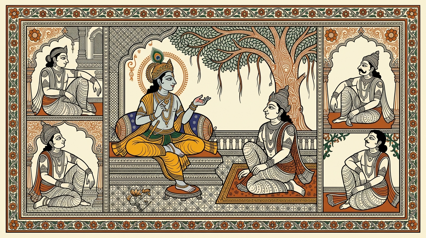Pattachitra-style painting of a boy named Aarav sitting motionless on a Saturday morning pretending to be enlightened, illustrating Krishna's teaching that avoiding action does not bring freedom.