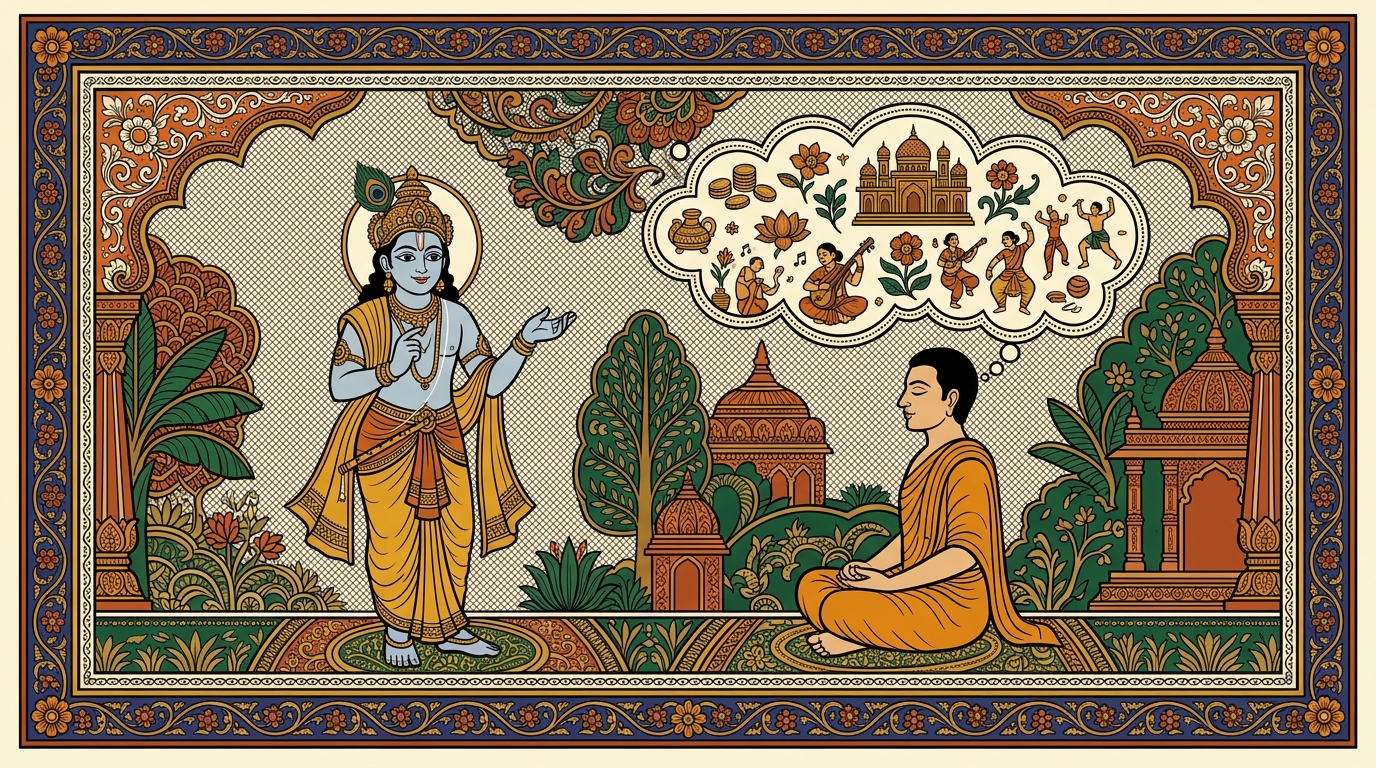 Pattachitra-style painting of a student sitting still while exam results are announced but whose mind races wildly inside, illustrating Krishna's warning against outward calm hiding inner turmoil.