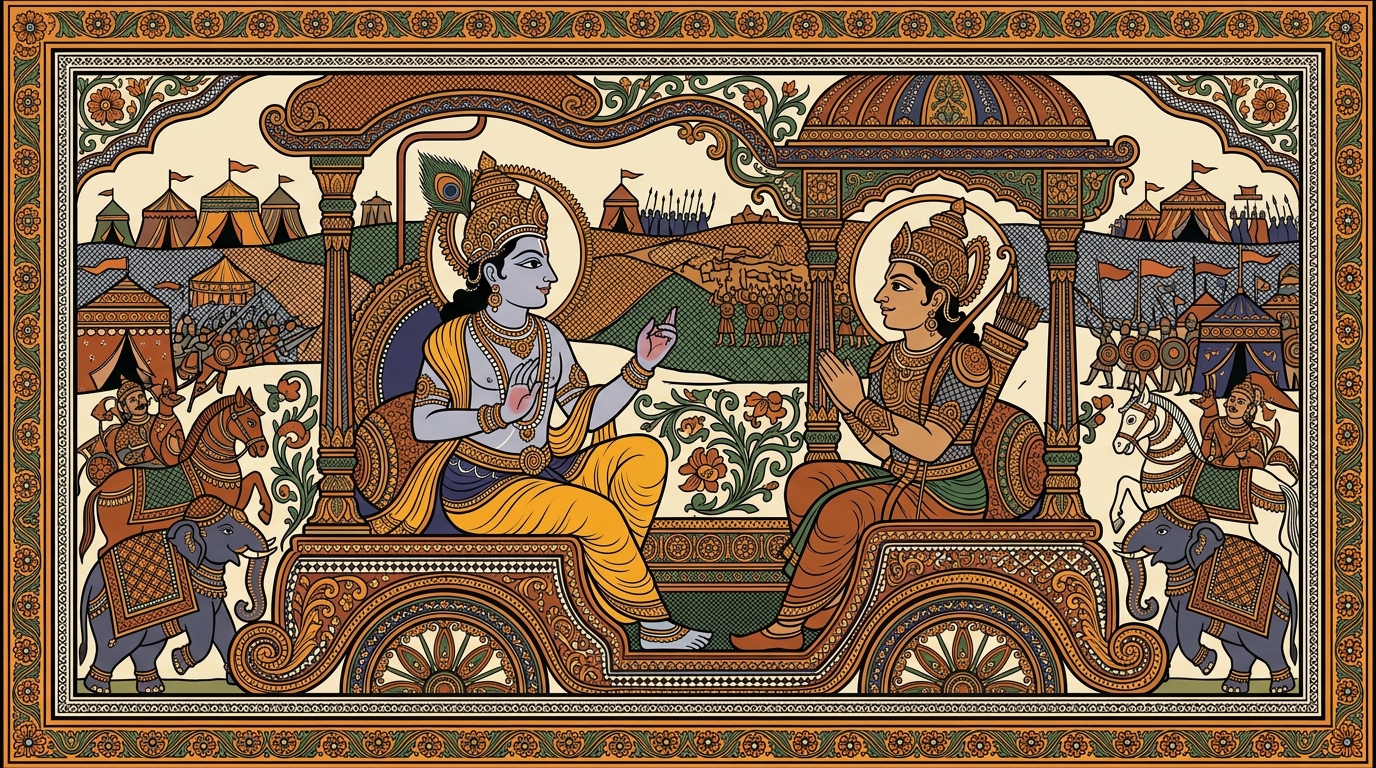 Pattachitra-style painting of a still warrior standing like a calm lake among the chaos of the Pandava camp, illustrating the one who controls the senses from within and acts without attachment.