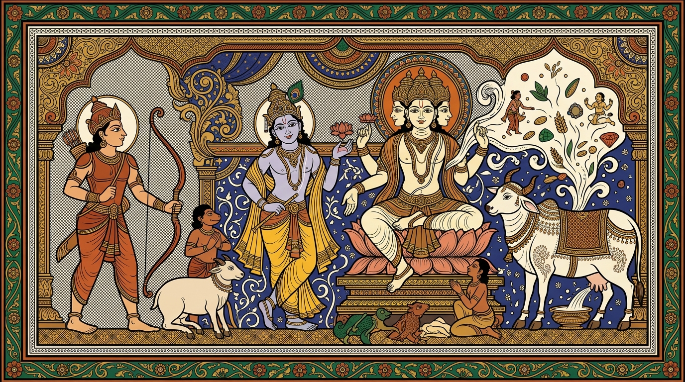 Pattachitra-style painting of the moment before creation — silence and emptiness — and then the Creator bringing beings into the world together with the spirit of giving.