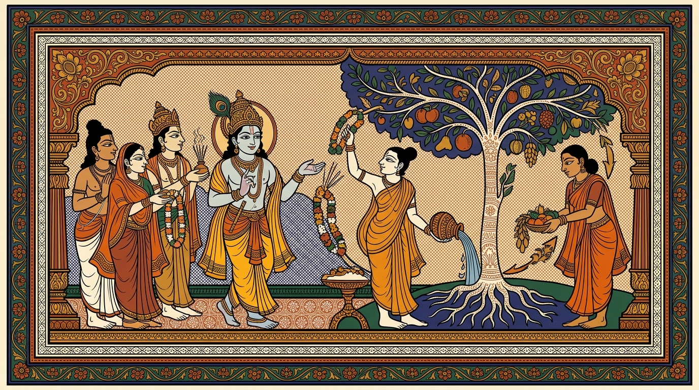 Pattachitra-style painting of the sky over Puri turning purple and grey three weeks before the monsoon, illustrating the great cycle where nourishing the world brings nourishment in return.