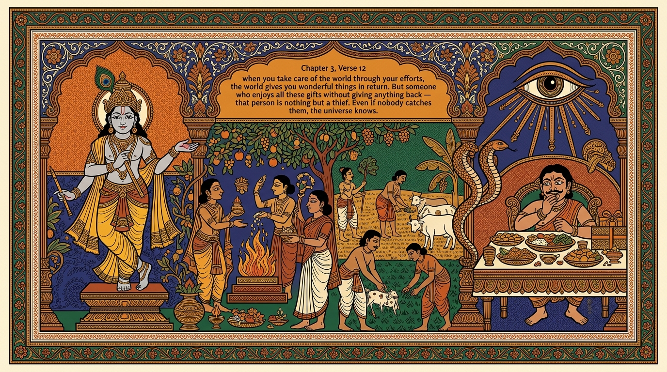 Pattachitra-style painting of a boy arriving home to the smell of pomfret fried in coconut oil, illustrating Krishna's warning that one who enjoys the world's gifts without giving back is a thief.