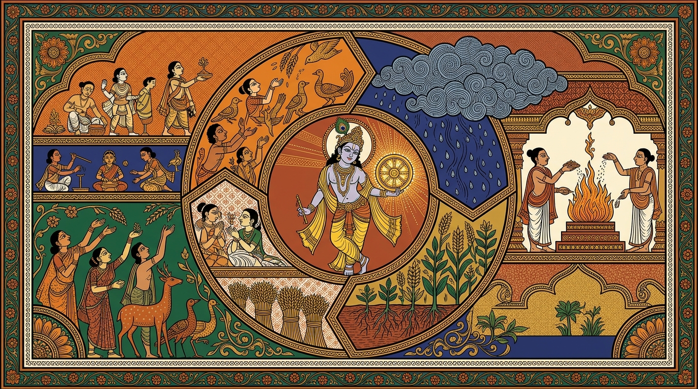 Pattachitra-style painting of Krishna lifting his hand and showing a glowing wheel connecting all of creation — beings, food, rain, sacrifice, and action — spinning in an eternal cycle.