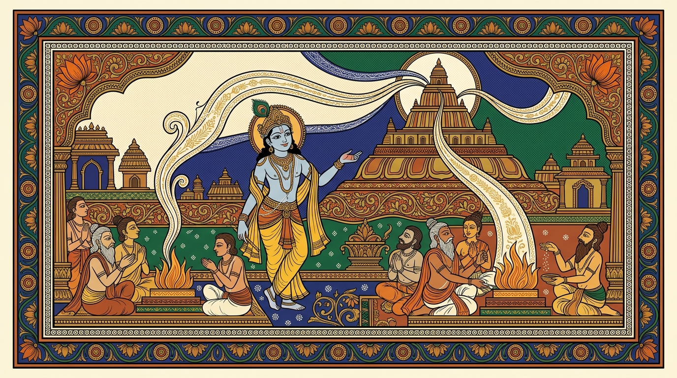 Pattachitra-style painting of the glowing cosmic wheel transforming and expanding, revealing that all actions come from sacred knowledge and knowledge comes from the eternal Brahman.