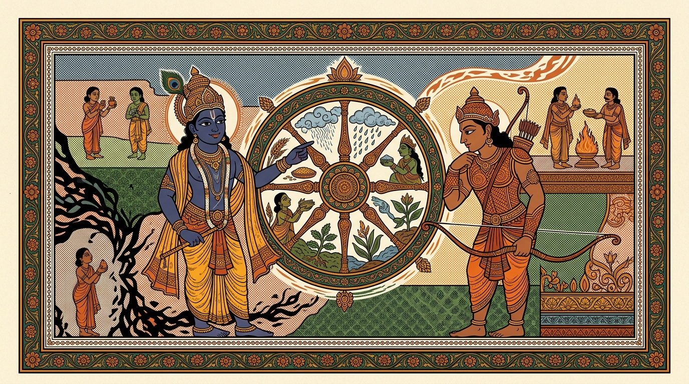 Pattachitra-style painting of a boy named Pankaj who borrows everything and gives nothing back, illustrating Krishna's warning against those who refuse to join the great wheel of giving.