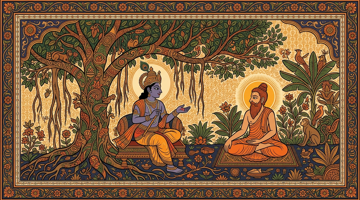 Pattachitra-style painting of a nameless sage sitting under a great banyan tree, completely content in himself, needing nothing from the outside world — illustrating the rare self-satisfied soul.