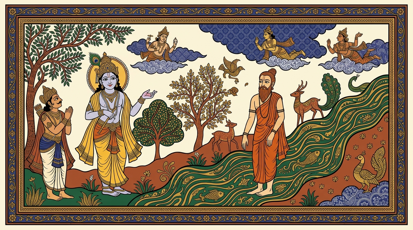 Pattachitra-style painting of students visiting the sage under the banyan tree, learning that this extraordinary soul has nothing to gain by acting and nothing to lose by not acting.