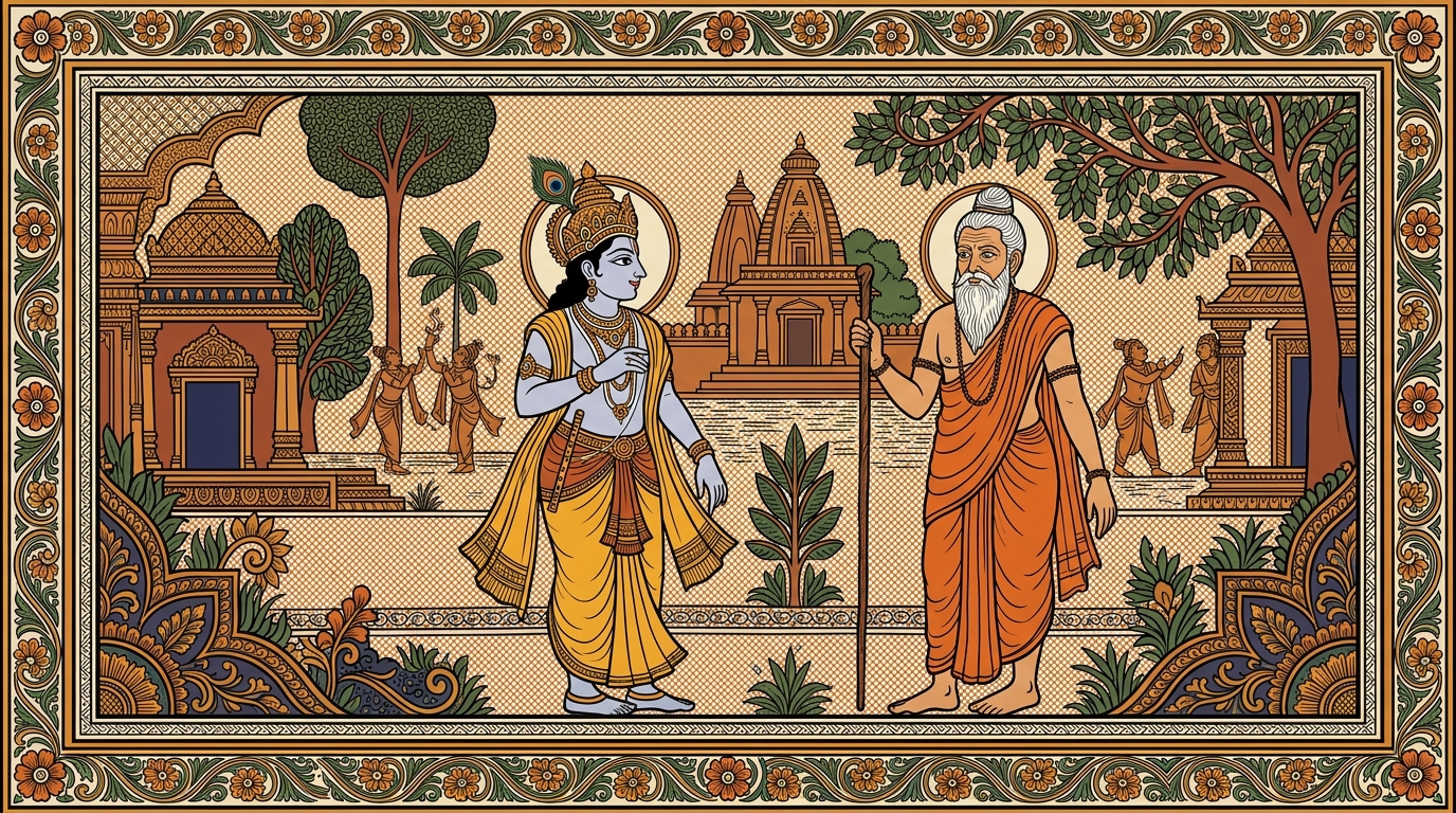 Pattachitra-style painting of a girl named Lakshmi starting an accidental revolution by picking up a wrapper, illustrating that whatever a respected person does, others follow.