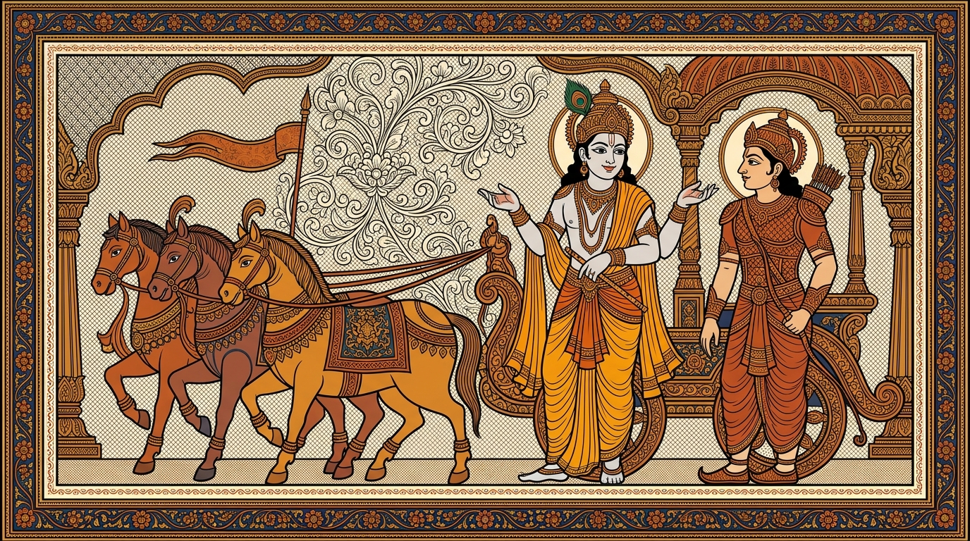 Pattachitra-style painting of Krishna holding the reins of Arjuna's chariot, revealing that even God — who needs nothing and has everything — continues to act for the sake of the world.