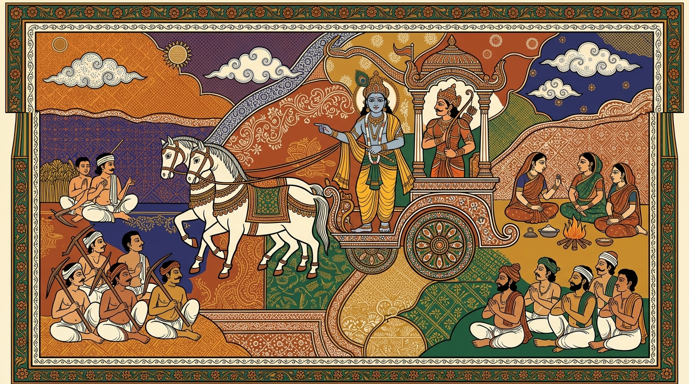 Pattachitra-style painting of Krishna's voice dropping low as he warns that if he stopped acting, all of humanity would follow his example and the world would collapse.