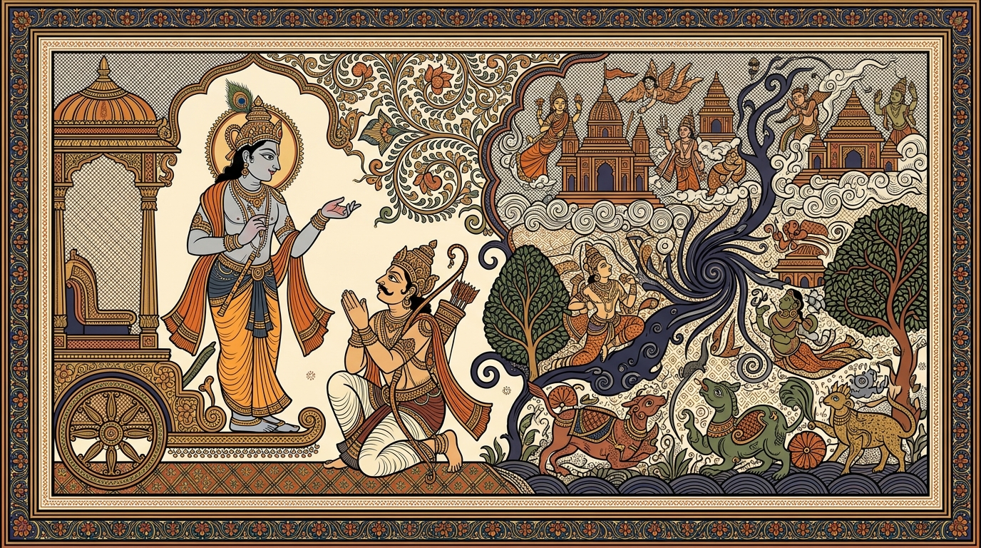 Pattachitra-style painting of a cosmic vision of what would happen if the great wheel of duty stopped turning — all worlds collapsing and all beings destroyed.