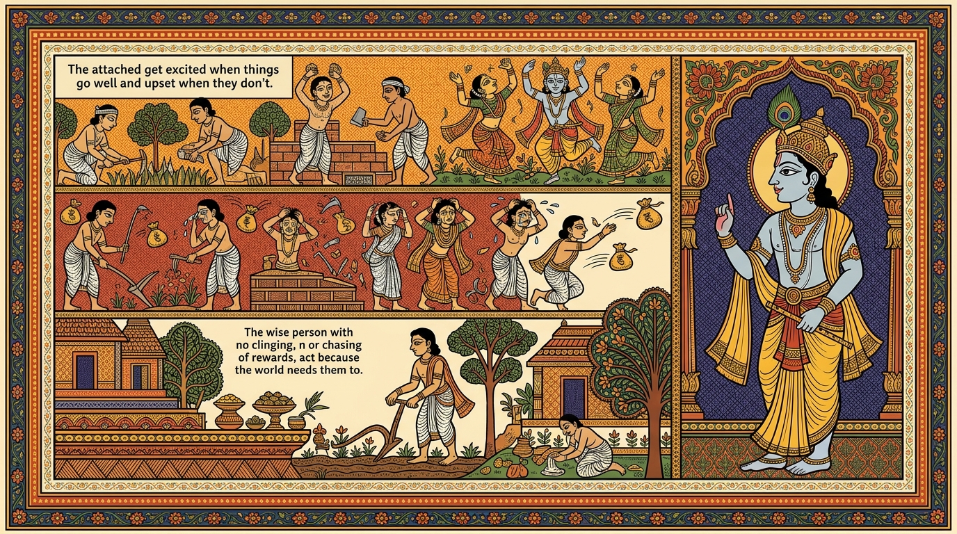 Pattachitra-style painting of two fishermen casting nets in the same sea — one anxious about the catch, the other calm and steady — illustrating the difference between attached and wise action.