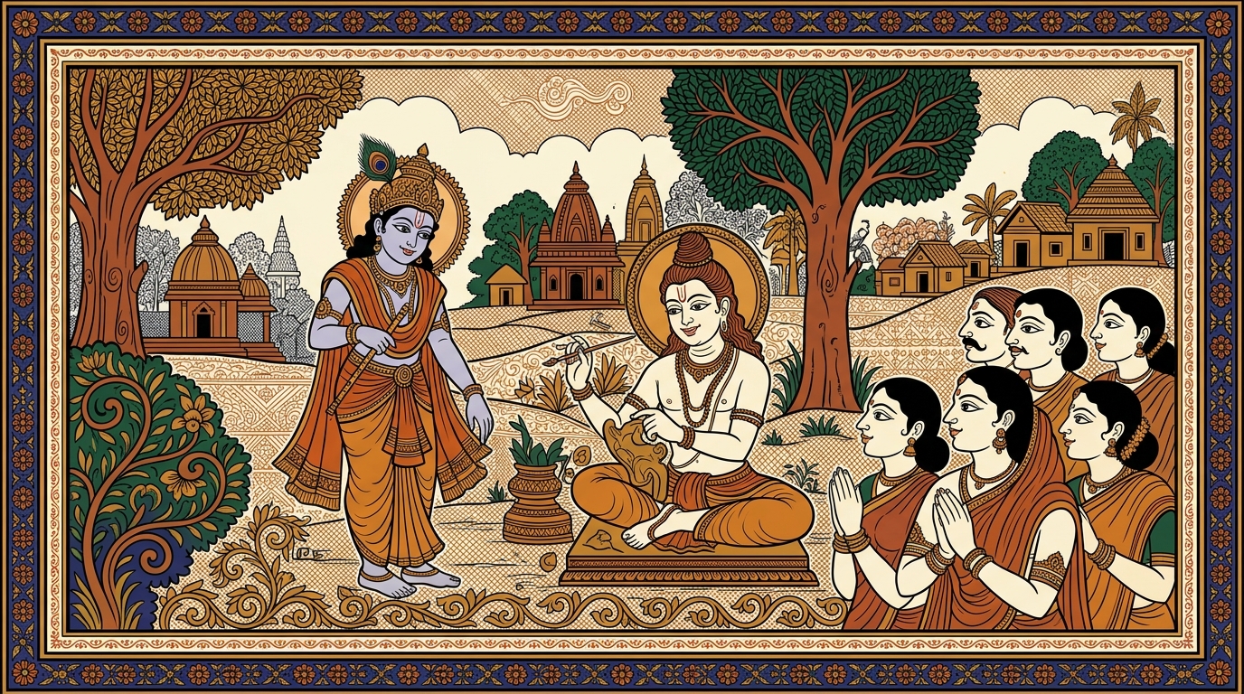 Pattachitra-style painting of a sage who stopped lecturing and simply did his own work beautifully, teaching by example rather than words, with Krishna smiling as he tells the story.