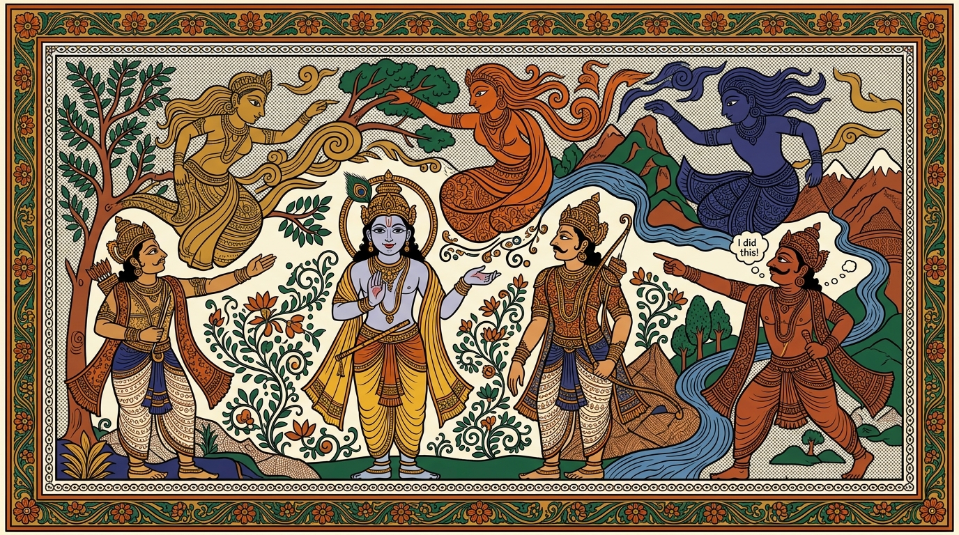 Pattachitra-style painting of a boy celebrating a cricket century, not realising that the forces of nature — eyes, hands, conditions — all worked together while ego claimed the credit.