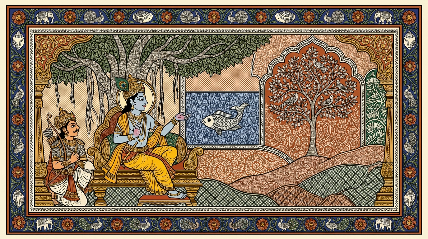 Pattachitra-style painting of two friends — Lakshmi and Priya — as different as a river and a mountain, illustrating that even the wise act according to their own nature.
