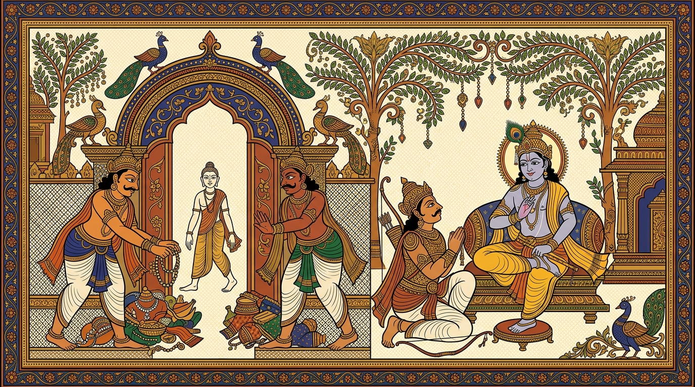 Pattachitra-style painting of Krishna leaning close and whispering a secret — that two invisible guards, desire and aversion, stand at every sense-door and must be mastered.