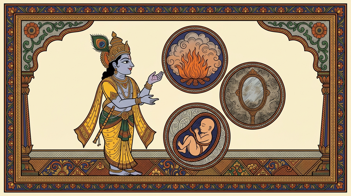 Pattachitra-style painting of smoke covering a fire, dust covering a mirror, and a membrane covering an embryo — three images showing how desire hides inner wisdom in different degrees.