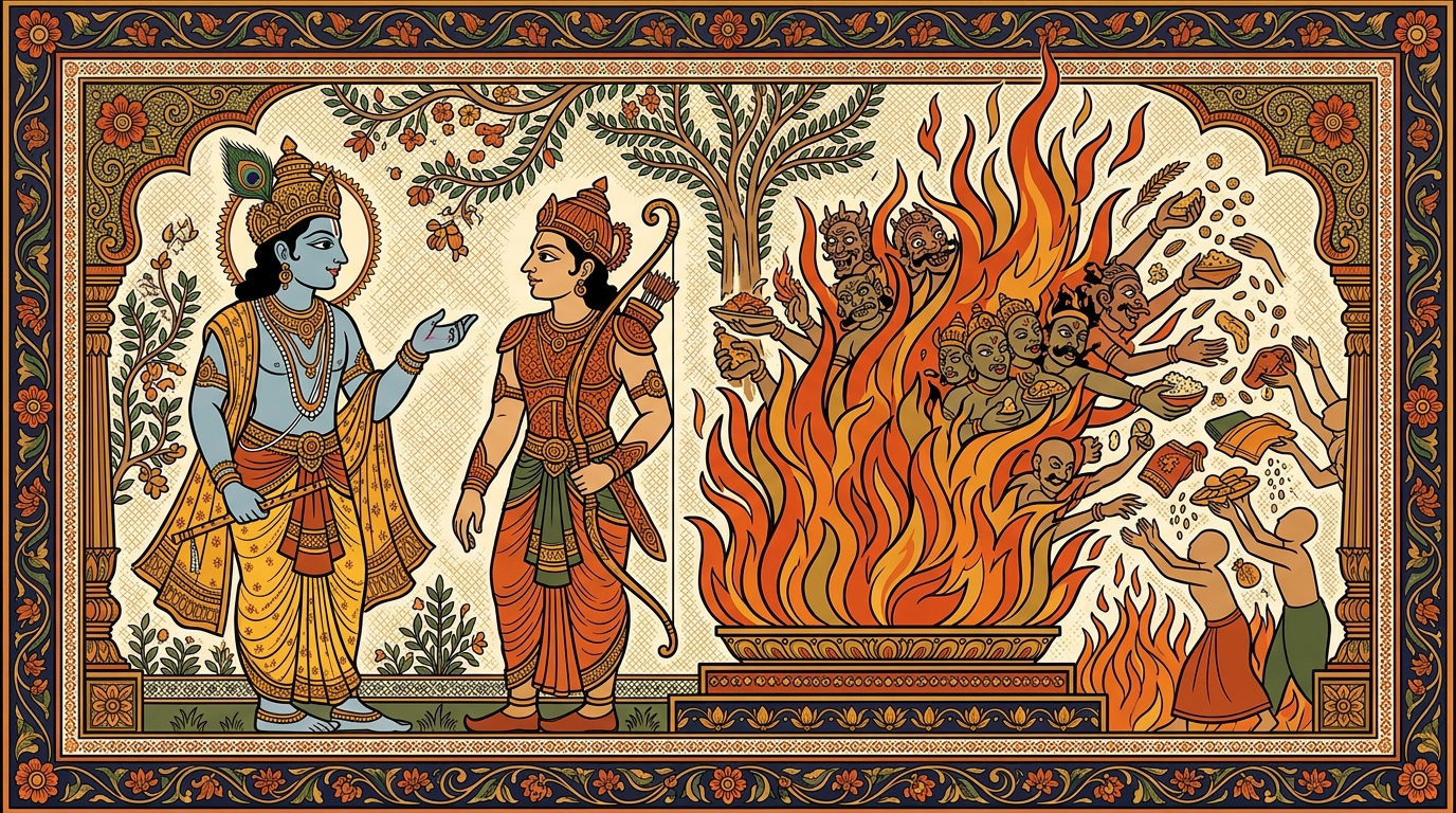 Pattachitra-style painting of a young student named Uttanka in the forest of Naimisha, facing a fire of desire that can never be satisfied no matter how much fuel is added.