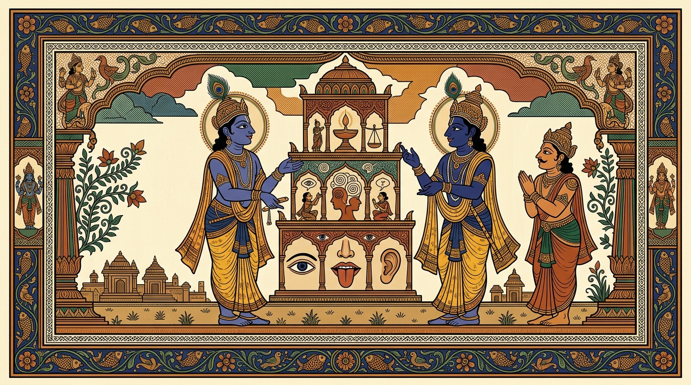 Pattachitra-style painting of Krishna leaning forward with military precision, describing the three strongholds where desire hides — in the senses, the mind, and the intellect.