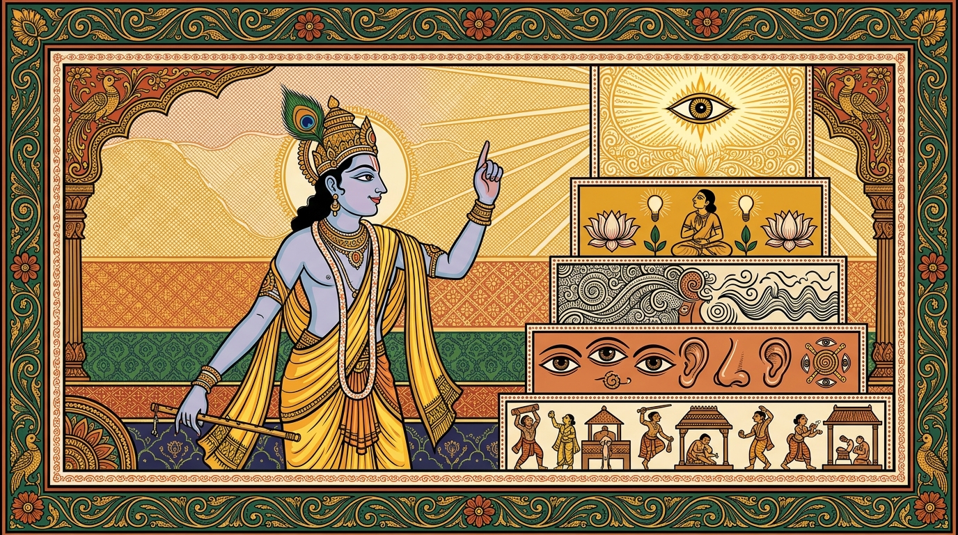 Pattachitra-style painting of Krishna drawing a ladder of light in the dust of the chariot floor — senses, mind, intellect, and above all, the soul — revealing the inner hierarchy of power.