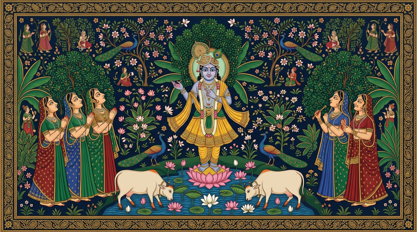 Pichwai-style painting of a young girl named Neha contemplating two ways to pray, illustrating Krishna's answer that those who worship with unwavering devotion and supreme faith are the best among yogis.
