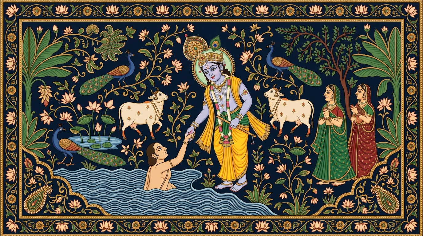 Pichwai-style painting of Draupadi at the Kaurava court as her sari miraculously extends without end, illustrating Krishna's promise to swiftly rescue those whose hearts are set on him from the ocean of suffering.