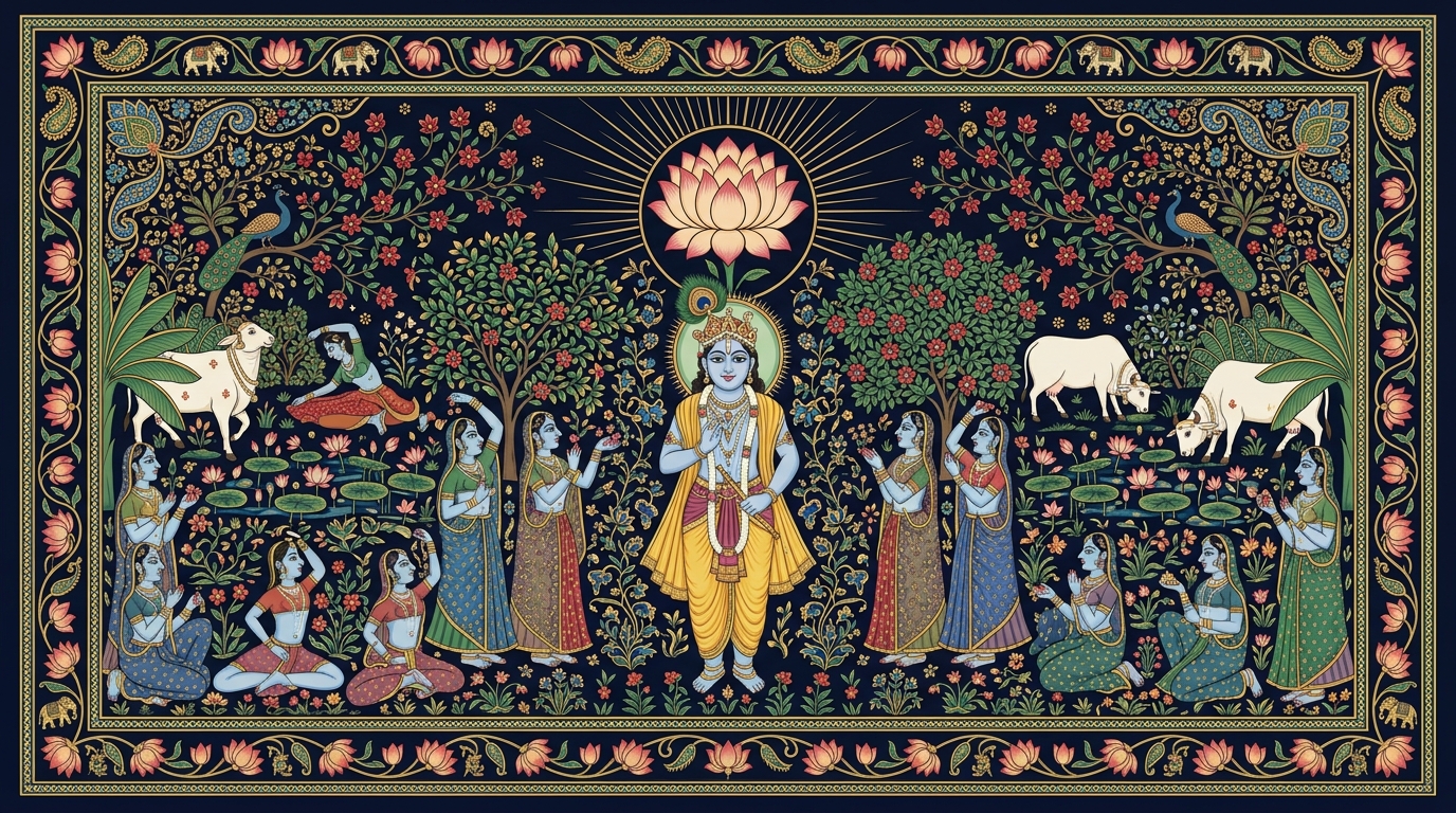 Pichwai-style painting of the young child Dhruva standing on one foot in determined meditation, illustrating Krishna's advice that those who cannot focus perfectly should practise steadily.