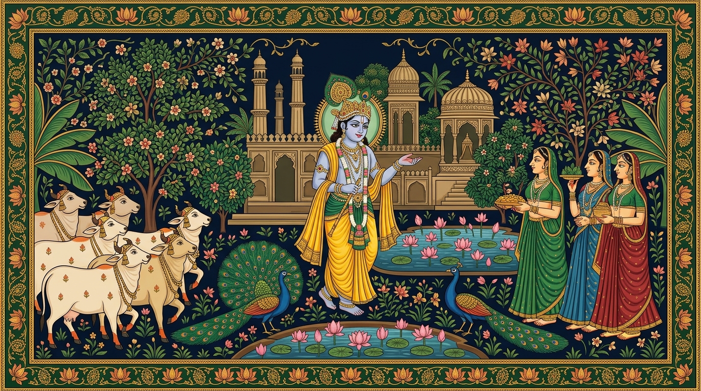Pichwai-style painting of the sun setting behind the western ridge of Kurukshetra in turmeric and ash colours, as Krishna offers the simplest step — just let go of attachment to results.