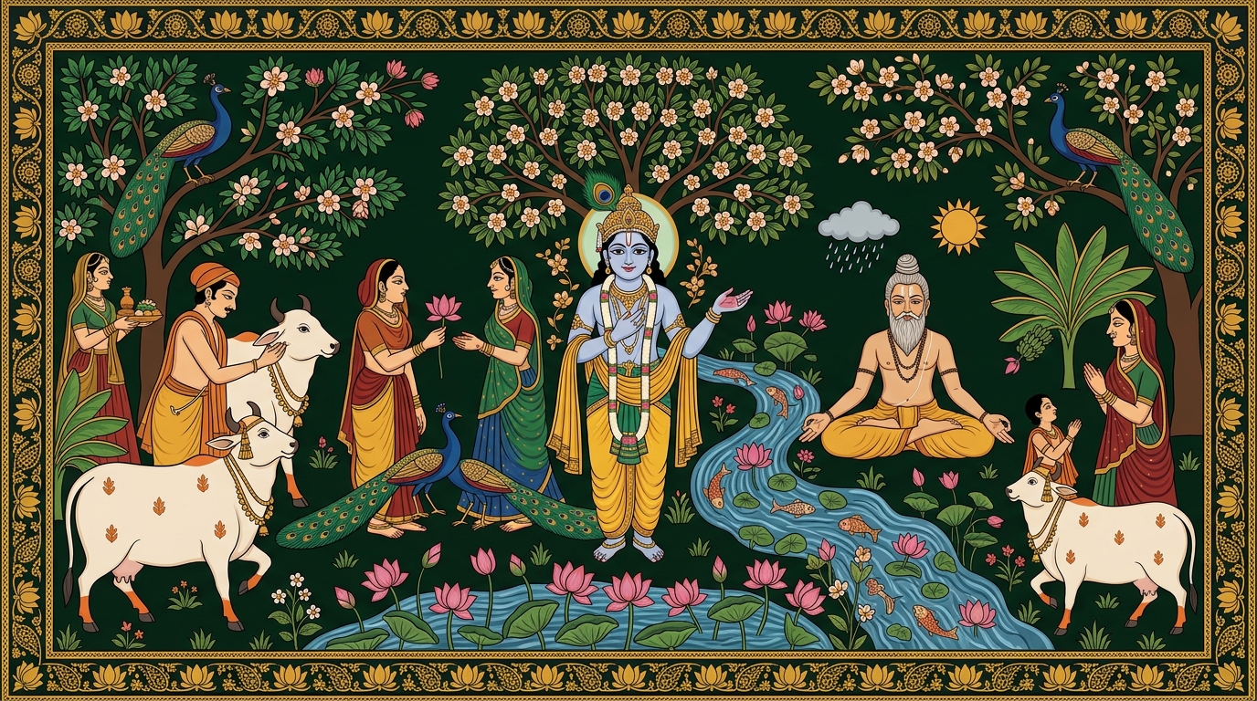 Pichwai-style painting of Hanuman landing silently in the Ashoka grove, radiating compassion and strength, illustrating Krishna's description of the devotee with no hatred, who is friendly to all beings.