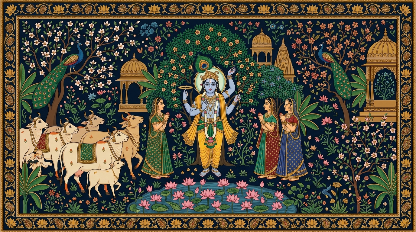 Pichwai-style painting of dice clattering across the polished floor of the Kaurava court as Vidura walks out in protest, illustrating the one who neither disturbs the world nor is disturbed by it.