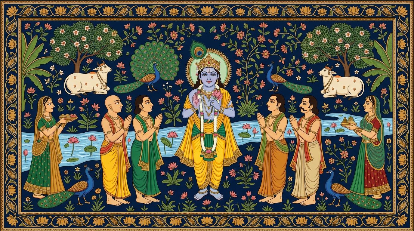 Pichwai-style painting of a serene man sitting by the river at the Varanasi ghats at dawn, free from wants and pure in heart, illustrating the devotee who has given up all selfish undertakings.