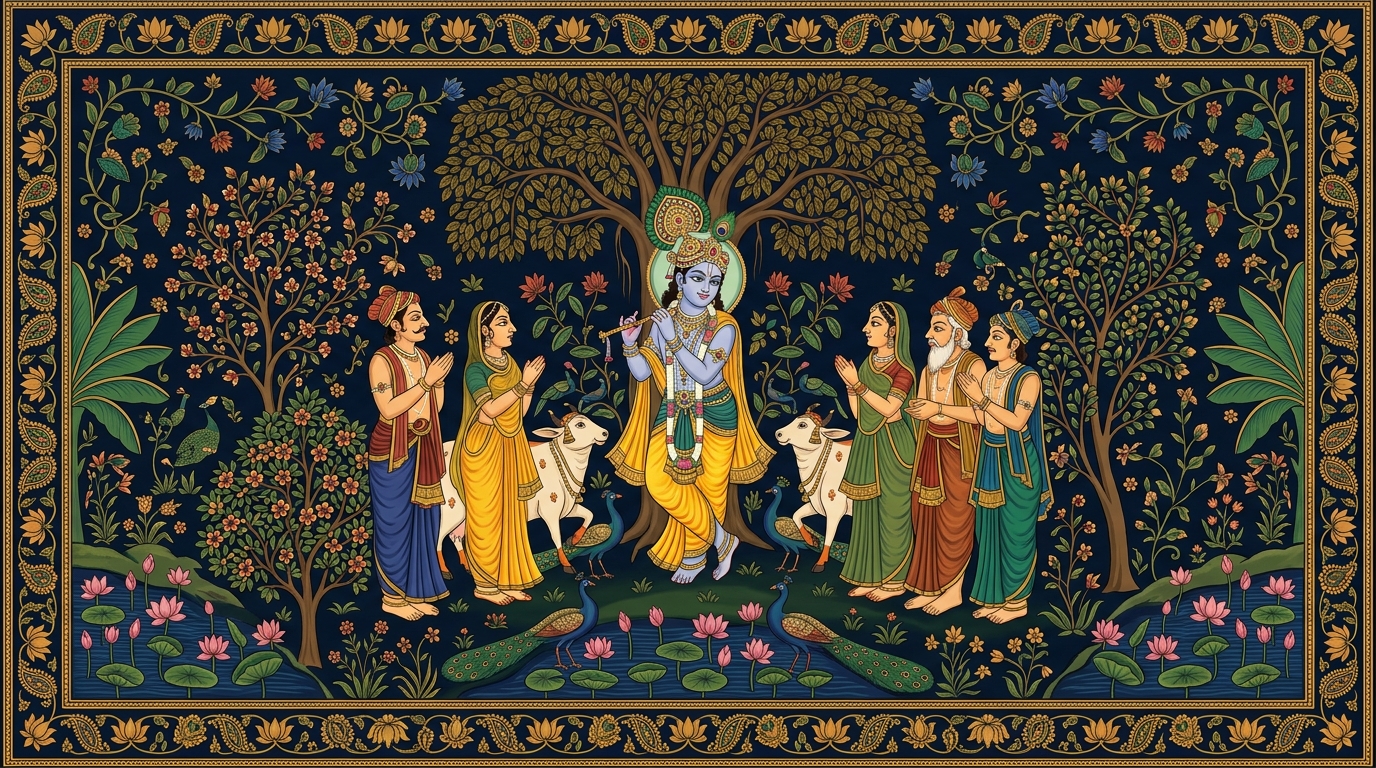 Pichwai-style painting of a peepal tree behind a grandmother's house with the distant sound of a flute, illustrating Krishna's final promise that those who follow this dharma with full faith are the dearest of all.
