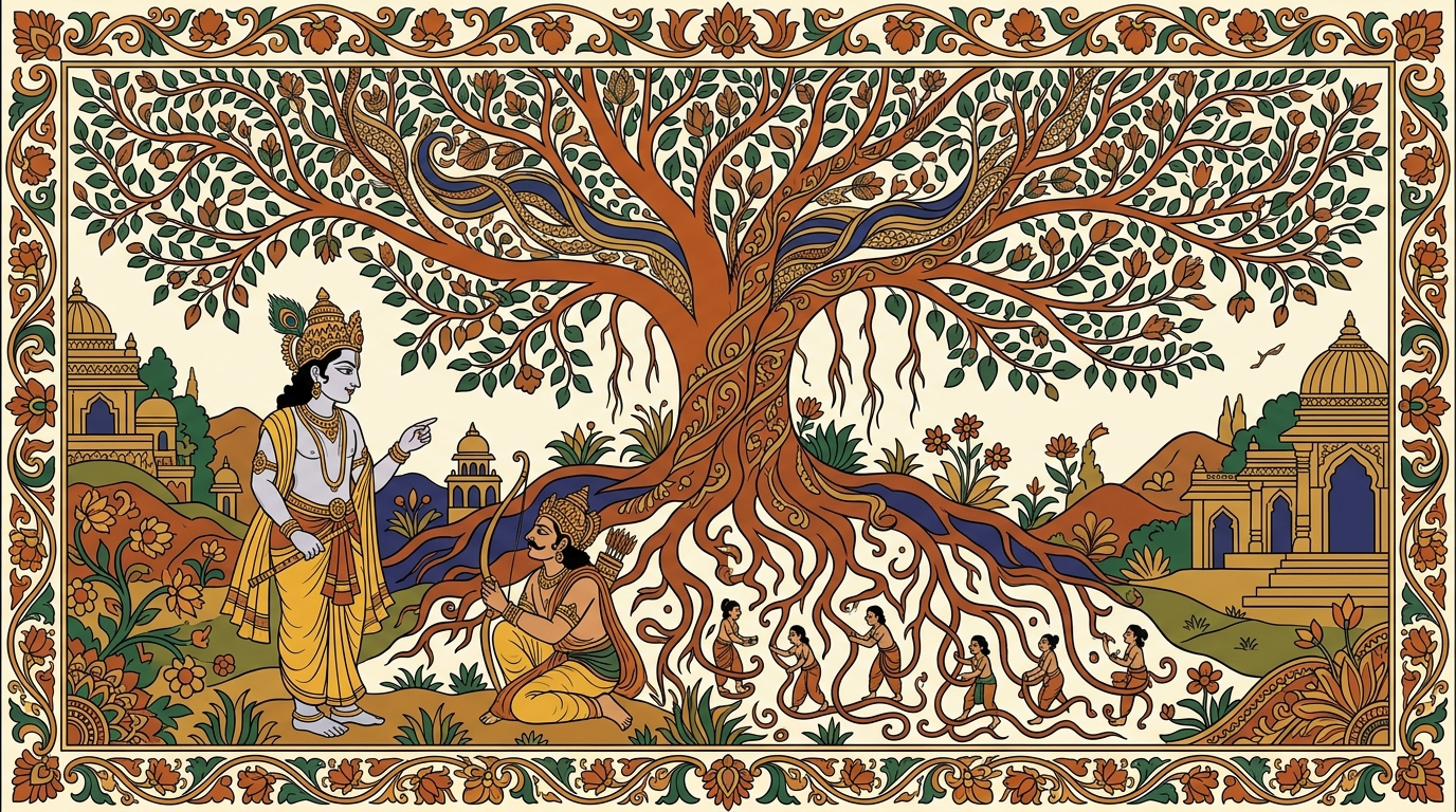 Kalamkari-style painting of the great cosmic tree breathing and growing, its branches stretching in all directions, fed by the three gunas, with buds of sense-pleasure blooming everywhere.