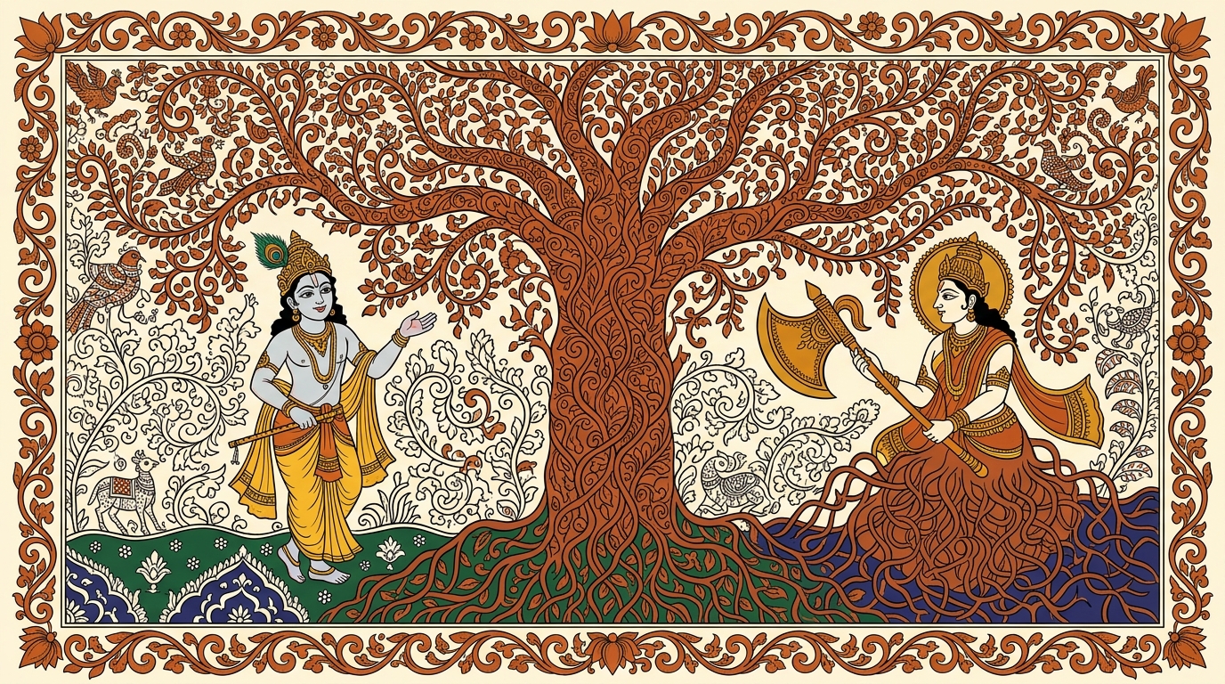 Kalamkari-style painting of a young seeker finding the wandering sage Narada after seven years of searching, receiving the axe of detachment to cut through the cosmic tree of attachment.