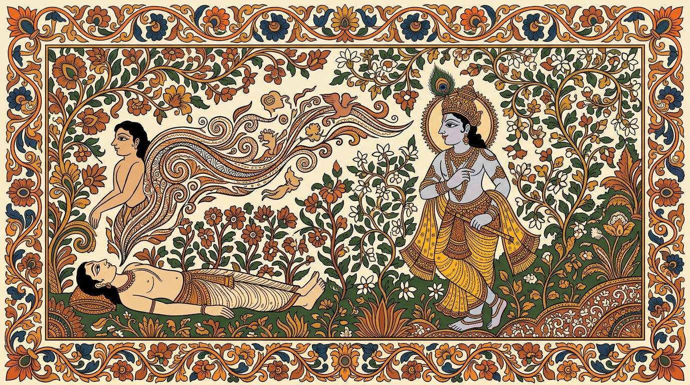 Kalamkari-style painting of an invisible wind carrying the fragrance of jasmine through a garden, illustrating how the soul carries the mind and senses from one body to the next.