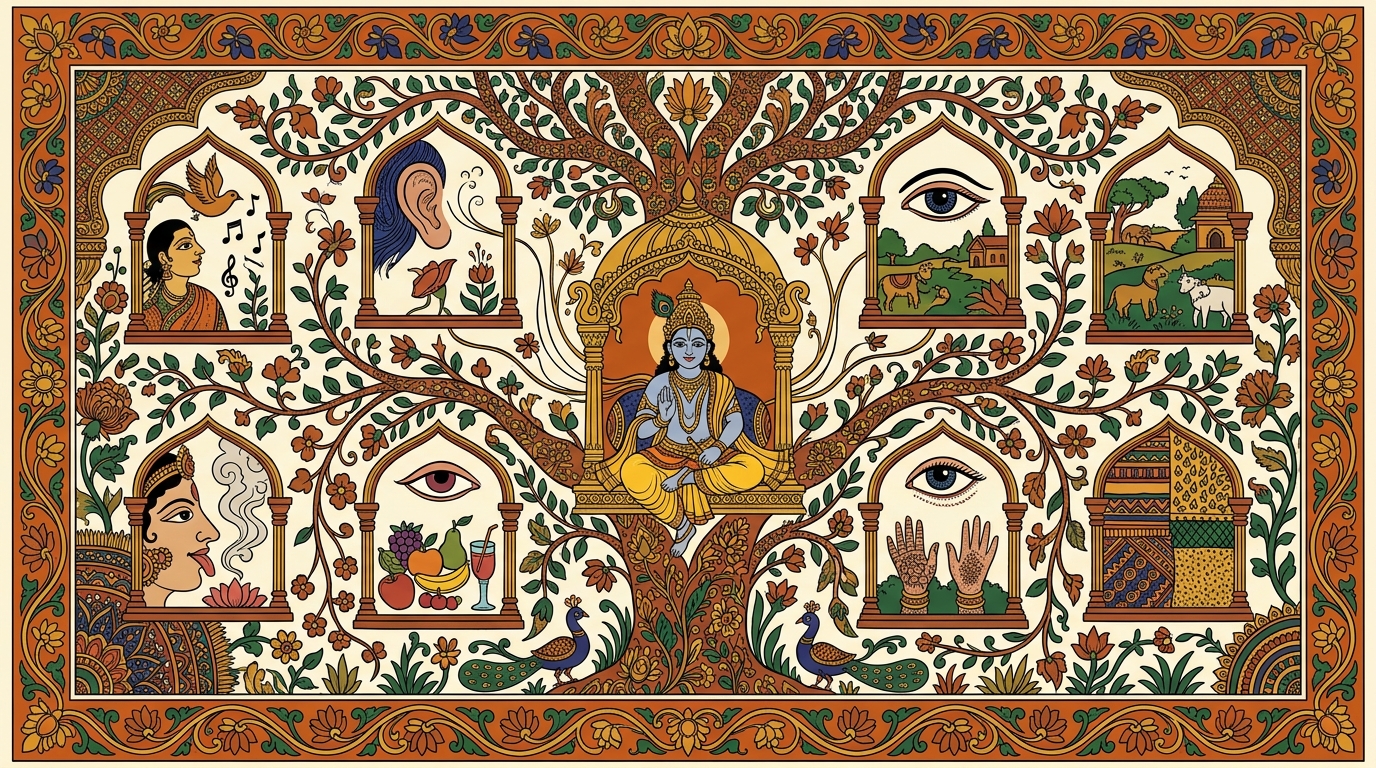 Kalamkari-style painting of a colourful mela before Holi with sights, sounds, and smells pouring through every sense, illustrating the six windows — five senses and mind — through which the soul experiences the world.